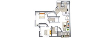 A 3D rendered image of a house layout.