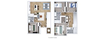 A floor plan of a house with two bedrooms, a living room, a kitchen, and a bathroom.