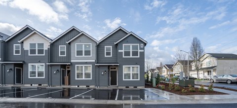 A row of modern houses with grey exteriors and white windows.