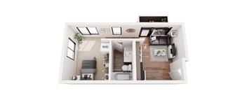A top down view of a small apartment with a kitchen, living room, and bedroom.
