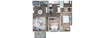 A top-down view of a room layout with a dining table, couch, and kitchen area.