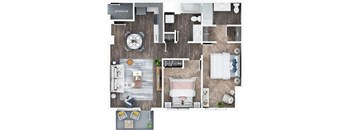 A top-down view of a room layout with a dining area, kitchen, and living room.