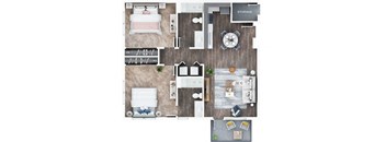 A top-down view of a house layout with a living room, two bedrooms, a kitchen, and a storage area.