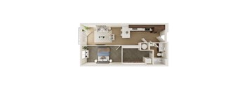 A top-down view of a bedroom with a bed, nightstand, and a small kitchenette.