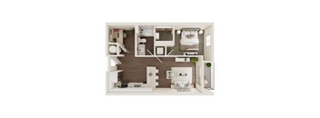 A top-down view of a modern apartment layout with a kitchen, living room, and bedroom.