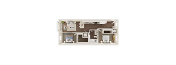 A top-down view of a modern, well-organized living space with a kitchen, dining area, and bedrooms.