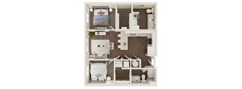A 3D floor plan of a small apartment with a bedroom, living room, kitchen, and bathroom.