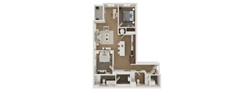 A detailed 3D floor plan of a small apartment.