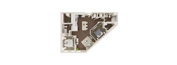 A top-down view of a small apartment layout with a bedroom, living room, and bathroom.