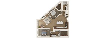 A dollhouse with a bedroom, living room, and kitchen.