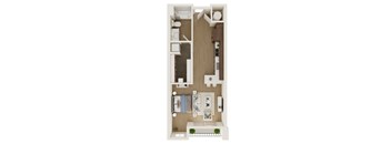 A 3D rendered image of a small apartment layout.