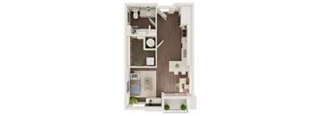 A top-down view of a small apartment with a kitchen, living room, and bathroom.