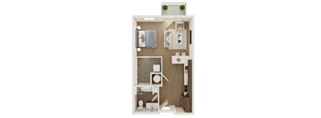 A small white room with a bed, desk, and toiletries.