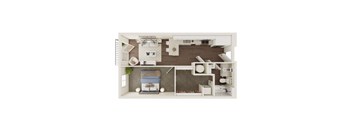 A dollhouse with a bedroom, living room, and kitchen.