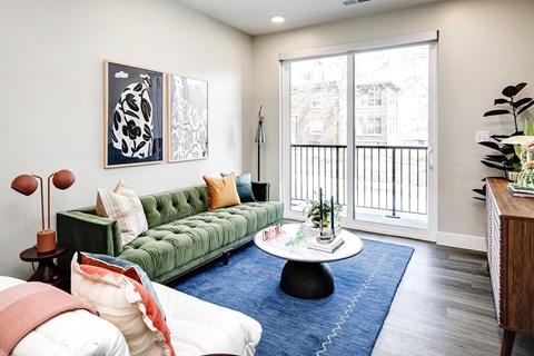 A living room with a green couch and a blue rug.