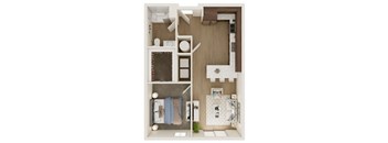 A top-down view of a small apartment with a kitchen, living room, and bathroom.