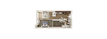 A top-down view of a modern, minimalist bedroom and kitchen area.