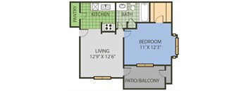 A floor plan of a house with a living room, kitchen, bathroom, bedroom, and patio/balcony.