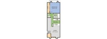 A floor plan of a small apartment with a bedroom, bathroom, kitchen, and living room.