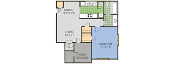A floor plan of a home with a living area, bedroom, and patio/balcony.