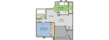 A floor plan of a living space showing a kitchen, dining area, bedroom, and patio.