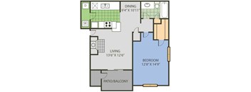 A floor plan of a home with a living room, dining room, bedroom, and patio/balcony.
