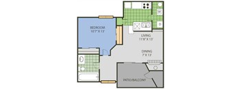 A floor plan of a small apartment with a bedroom, living room, dining room, and a patio/balcony.