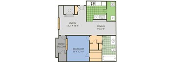 A floor plan of a living space with a living room, dining room, and bedroom.