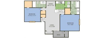 A floor plan of a house with a living room, two bedrooms, a dining room, and a patio.