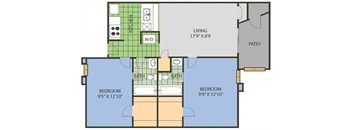 A floor plan of a house with two bedrooms, a living area, a kitchen, and a bathroom.