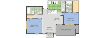 A floor plan of a two bedroom apartment with a living room, dining room, and kitchen.