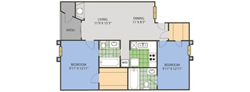 A floor plan of a small apartment with a living room, dining room, kitchen, and two bedrooms.