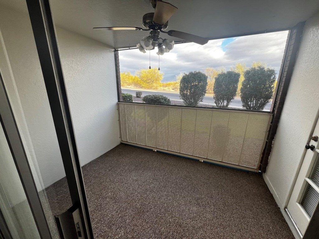 A room with a ceiling fan and a window overlooking a street with trees.