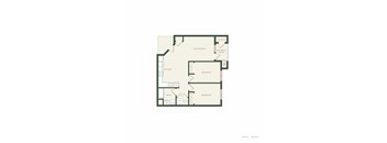 A floor plan of a one bedroom apartment with a living room, kitchen, bathroom and two bedrooms.
