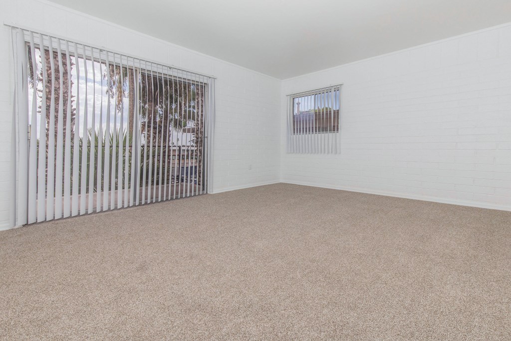 A room with a carpeted floor and a window with blinds.