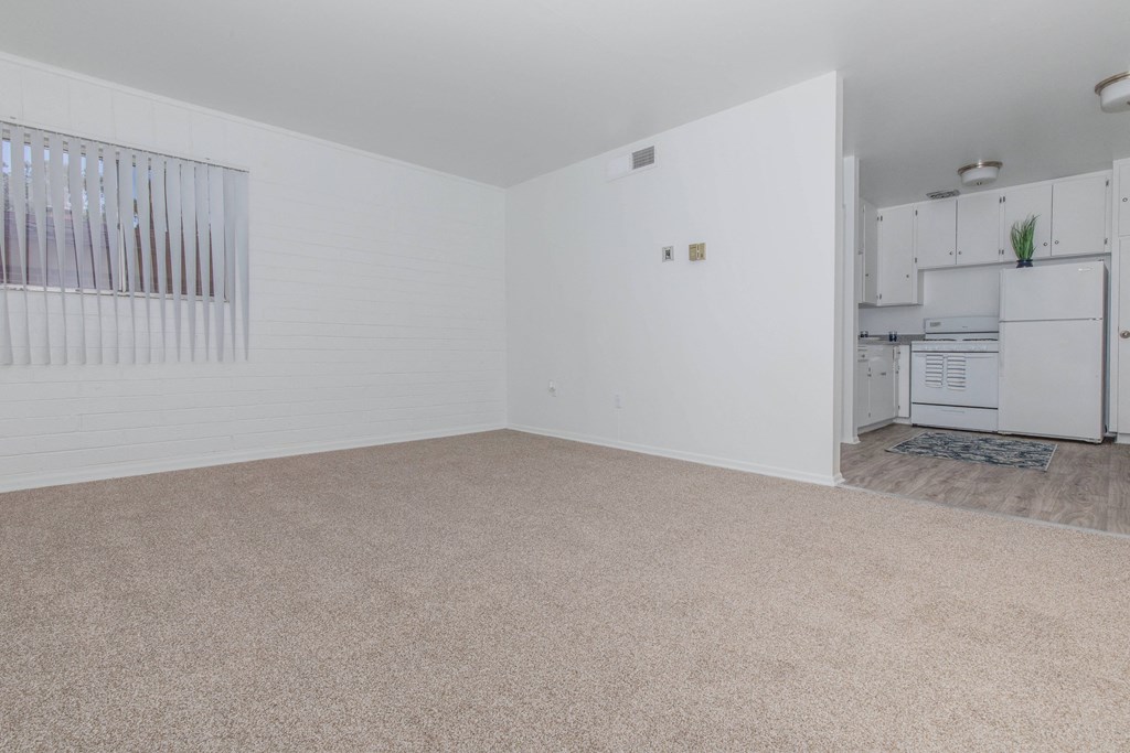 A room with a carpeted floor and a window with blinds.