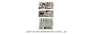 A floor plan of an apartment is shown with a kitchen, living room, two bedrooms, and a garage.