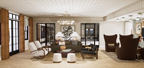 A modern living room with a large sofa and a chandelier.