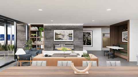 a rendering of a living room with a couch and a table