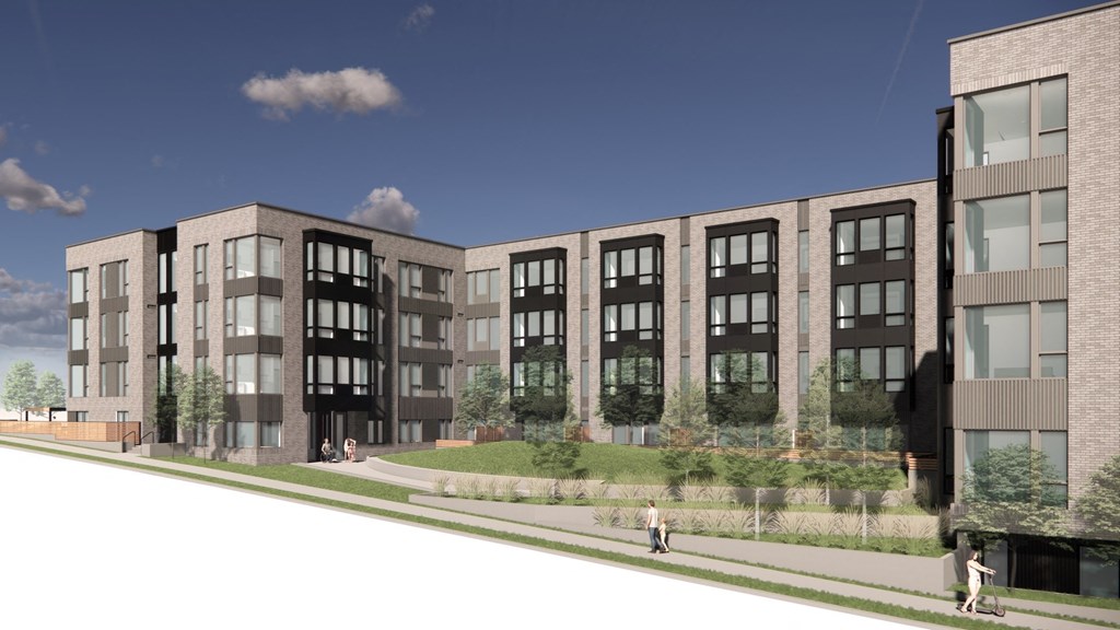 a rendering of a group of apartment buildings with a sidewalk