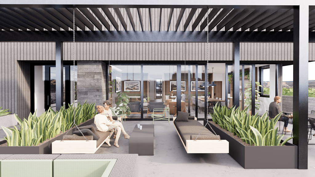 a rendering of a patio with furniture and plants
