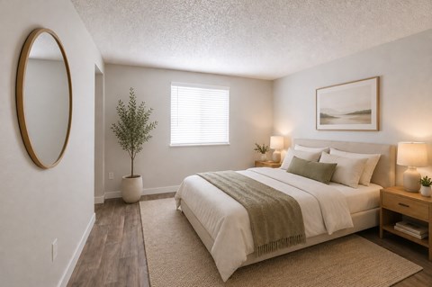 A bedroom with a large bed and a small plant on the side table.