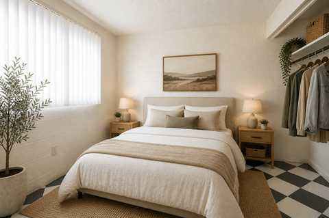 A bedroom with a large bed, a potted plant, and a painting on the wall.