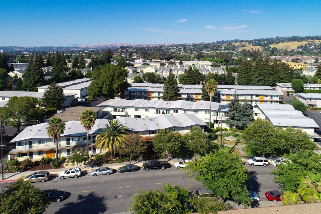 Aerial View of The Mark Apartments in Hayward, California and Surrounding Area
