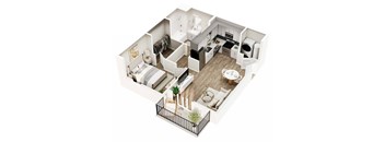 A top down view of a small apartment with a kitchen, living room, and bathroom.