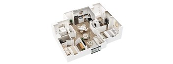 A top-down view of a modern, open-plan apartment with a kitchen, living room, dining area, and bedrooms.