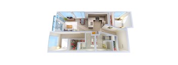 A white model of a house with a kitchen, living room, and bathroom.
