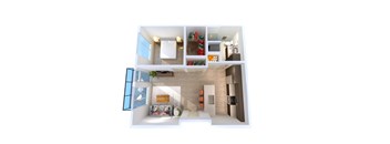 A 3D floor plan of a house with a living room, kitchen, and two bedrooms.