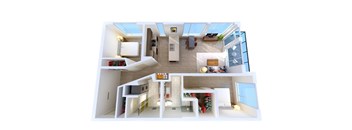 A 3D rendered image of a modern house interior.