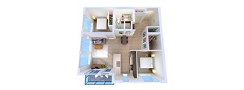 A 3D floor plan of a house with a kitchen, living room, dining room, and bathroom.